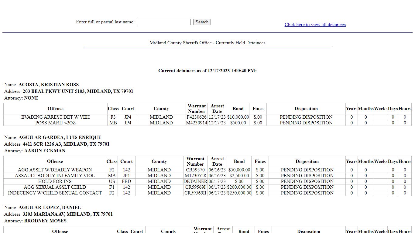 Midland County Sheriffs Office - Currently Held Detainees